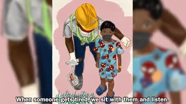 Illustrated worker in hard hat and mask bending toward a masked child in Spiderman pajamas, with text below.